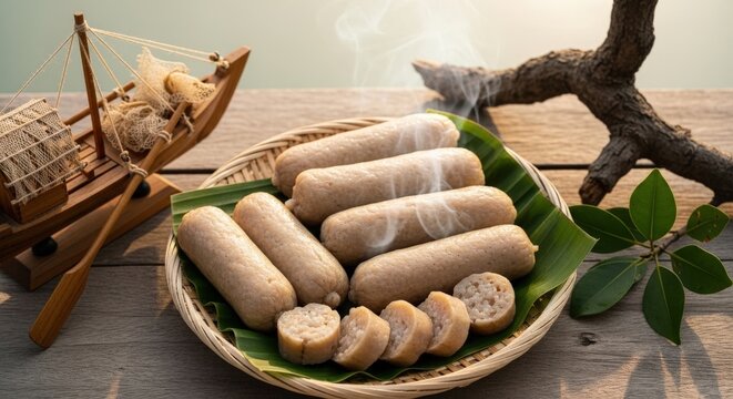 Chewy Bruneian Keropok Lekor &ndash; Pale Steaming Fish Sausage with Sago in Woven Basket, Fishing Boat Model & Mangrove Branch in Coastal Morning Light 