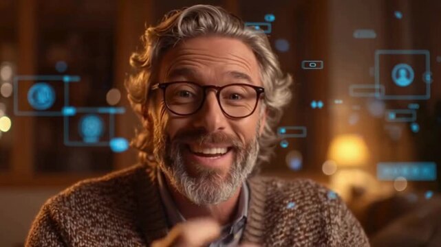 A cheerful middle-aged man with glasses and a beard using a futuristic holographic social network interface.