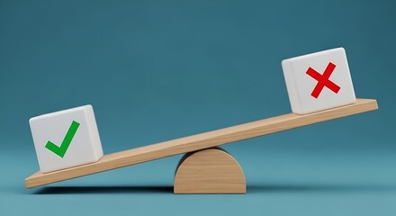 Seesaw balancing check mark and cross mark representing pros and cons