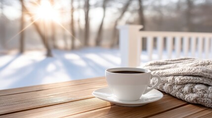 A warm cup sits on a soft blanket near a sunny window, inviting comfort on a cold day