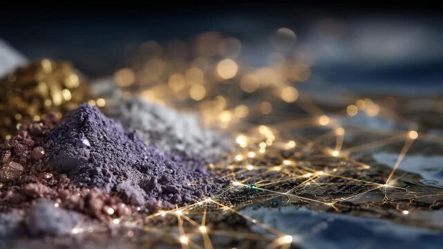 71Industrial-themed composition showing rare earth minerals in fine powder form beside illuminated map lines connecting continents, symbolizing export restrictions and trade balance