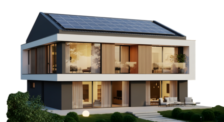 Modern two story house with solar panels on roof and outdoor patio furniture isolated on a transparent background