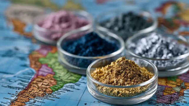 75Rare earth powder samples in petri dishes placed on global map print, concept of export control, global dependency, and industrial dominance