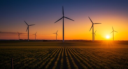Obraz premium Wind Turbines at Sunset over a Farm Field Renewable Energy Concept