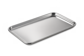 Metal baking sheet, kitchen cooking equipment, stainless steel rectangular cookie pan for baking food, transparent background