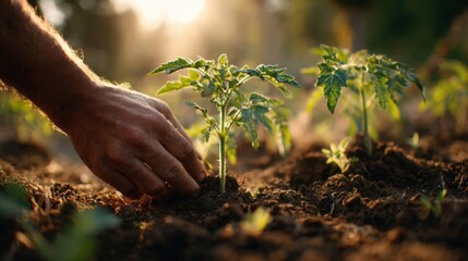 Fototapeta premium Farmer plants tomato seedlings in organic garden under warm golden light