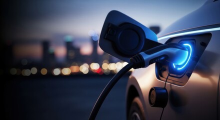 Electric car charging station dusk urban landscape technology modern environment close-up view