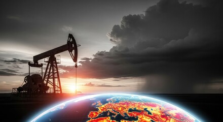 Oil extraction impact climate change global oil fields visual representation dramatic skies aerial perspective environmental concerns