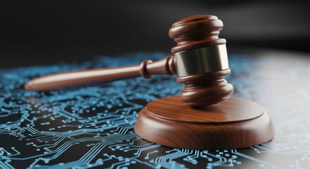 Legal action digital privacy courtroom image gavel circuit board legal environment close-up view justice concept