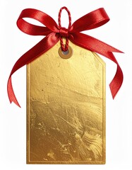 Gold tag with red ribbon, shiny, on white backdrop