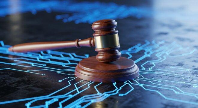 Legal innovations courtroom image gavel circuit board technology environment close-up view justice digital era