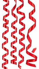 Four red, shiny, coiled ribbons on a white background