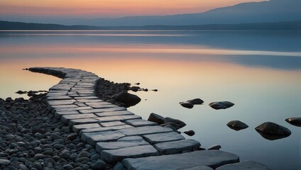 A serene landscape scene with pathway of stepping stone bricks leading to a reflective water surface, mirroring the soft pastel pink and blue hues of the sky.	