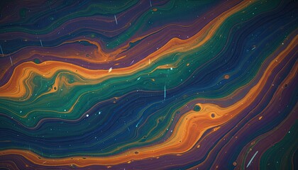 Abstract Swirling Waves of Teal Orange Purple and Blue Hues with Tiny White Specks Creating a Cosmic Nebula Effect