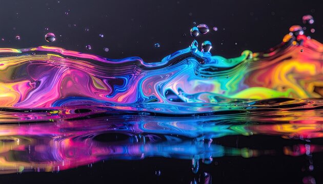 Vibrant Rainbow Hues Swirling in Liquid Ripples With Captivating Reflected Light Effects Against a Dark Background