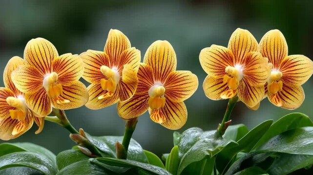 Bright yellow orchids bloom beautifully in a lush garden during springtime, showcasing nature's vibrant colors and delicate patterns