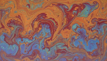Abstract Swirling Marbling Pattern in Deep Blue Orange and Gold with Glittering Specks Creating a Cosmic Nebula Effect