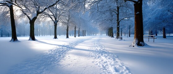 A row of bare trees stands against a bright blue sky filled with fluffy clouds, creating a serene winter scene
