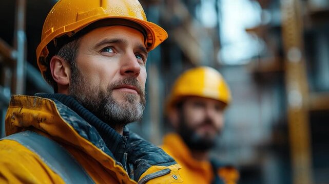 Two workers in hard hats and jackets working on a construction site