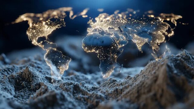 90Cinematic close-up of rare earth mineral powder with overlaid world map and glowing borders, symbolizing international trade tensions and supply chain fragility