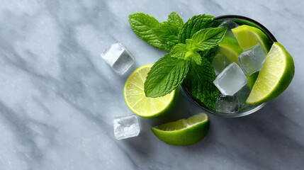 Fresh sprig of mint in cocktail setup with lime wedge and ice cubes on marble surface creating refreshing vibe