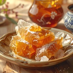 Honeycomb chunks stacked on a patterned plate, amber hue
