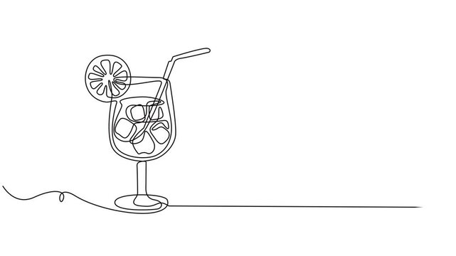 Abstract Cold Mojito Cocktail with lime and mint straw, Self drawing animation one continuous line draw, logo, Glass of mojito, or cocktail with lemon and mint. Continuous line drawing. full length.
