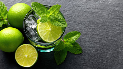 Fresh sprig of mint in cocktail setup with lime slice and ice cubes on dark textured surface creating refreshing vibe