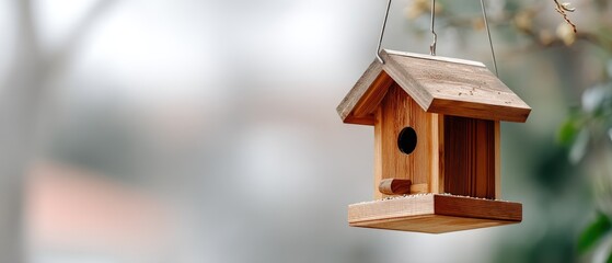 A small wooden house is placed on a log in a snow-covered forest, with sunlight shining through the trees and snowflakes falling