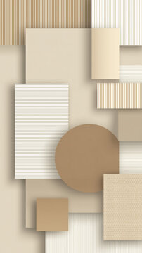 Beige geometric abstract background with 3d overlapping shapes and lines, phone wallpaper