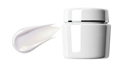 White glossy jar and pearl shine cream smear on background