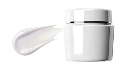 White glossy jar and pearl shine cream smear on background