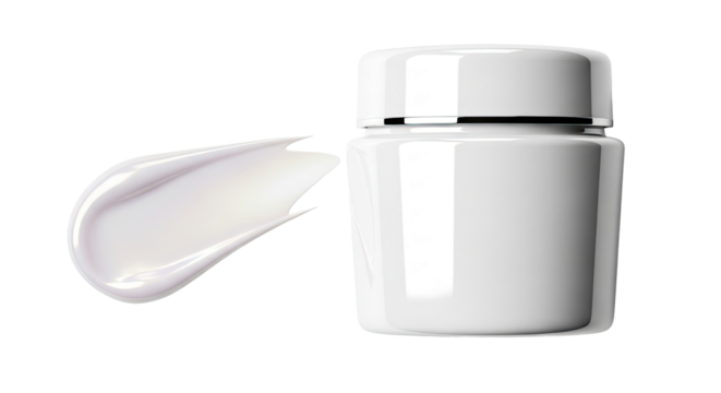 White glossy jar and pearl shine cream smear on background