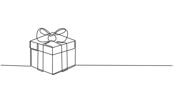 Animation continuous one line drawing of Holiday gift box icon. Surprise symbol in single outline style, drawing of gift box with ribbon bow. Vector minimalism design, Full length one line animation.