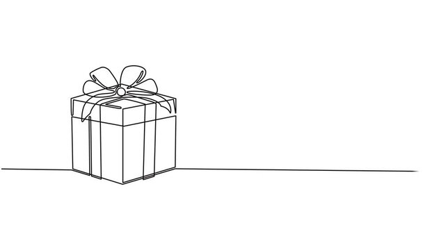 Animation continuous one line drawing of Holiday gift box icon. Surprise symbol in single outline style, drawing of gift box with ribbon bow. Vector minimalism design, Full length one line animation.