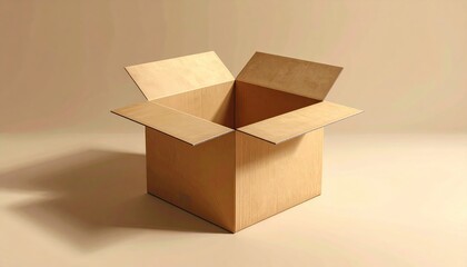 Empty cardboard box open against a tan backdrop