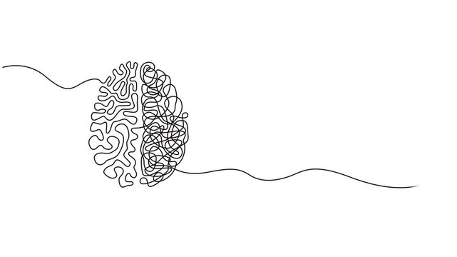 Organized vs Disorganized Mind with Human Brain half logic and creative against half chaotic messy tangled. Drawing continuous line animation. Metaphor Concept