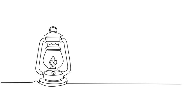 Animated self drawing of continuous line draw Kerosene lamp. Handle gas lamps for tourist hiking. Full length one line animation, Abstract vintage kerosene lamp, Self drawing animation one continuous.