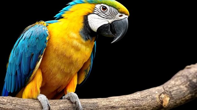 Colorful macaw perched on a branch in a natural setting, showcasing vibrant feathers and a playful demeanor