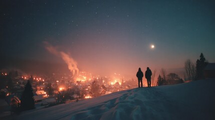 Fototapeta premium Silhouettes on a snowy hill overlooking a glowing village under a starry winter sky