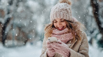 Smiling woman in winter clothing joyfully using a smartphone outdoors in falling snow