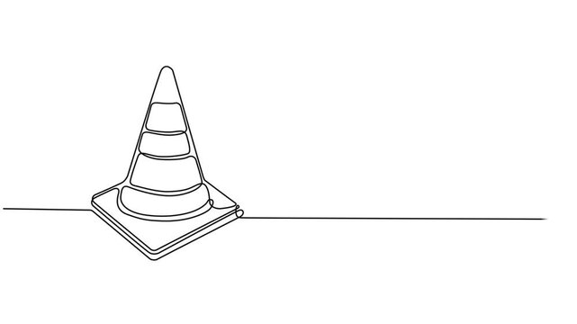 Self drawing simple animation of single continuous one line drawing of Traffic cone, Swirl curl circle background style. Continuous line draw. Full length animated. 