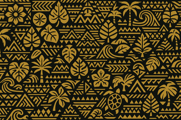 Tribal hawaiian pattern with tropical leaves and waves
