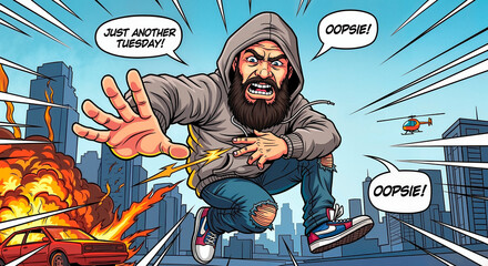 Man with beard in hoodie running from explosion in urban setting, comic-like caricature      