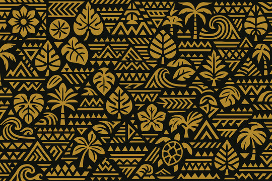 Fototapeta Tribal hawaiian pattern with tropical leaves and waves