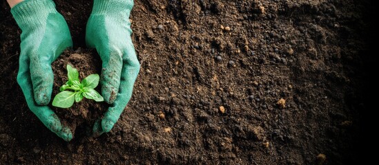 Hands in green gloves planting a small seedling into rich brown soil in warm daylight