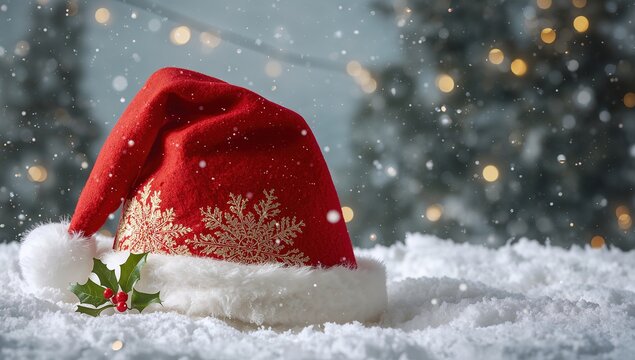 Sombrero de Santa Claus de terciopelo rojo y pelo blanco en paisaje nevado, fondo desenfocado festivo para promoci&oacute;n navide&ntilde;a