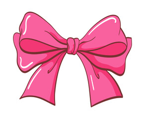 Classic pink gift or hair bow in cartoon style, double loop, with outline