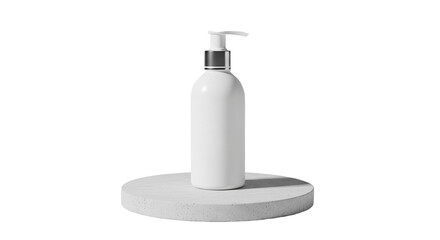Sleek cosmetic pump bottle standing on minimal podium