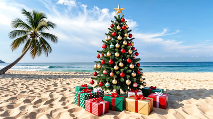 Christmas tree and gifts on palm tree and beach background